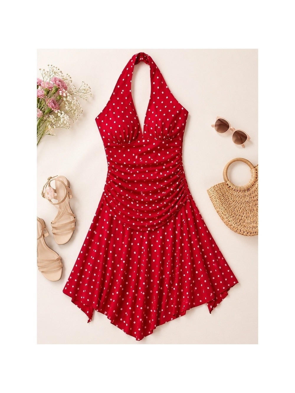 First Look Red Polka Dot Halter Midi Dress Ruched Pin Up Rockabilly S Vintage